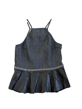 3.1 Phillip Lim Women's Sz 4 Black Grid & Faux Leather Flared Peplum Top